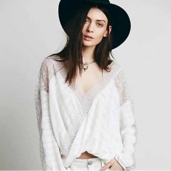 Free People Valley City Lace Detailing Flowing Crossover Wrap Blouse in Ivory - Picture 1 of 12